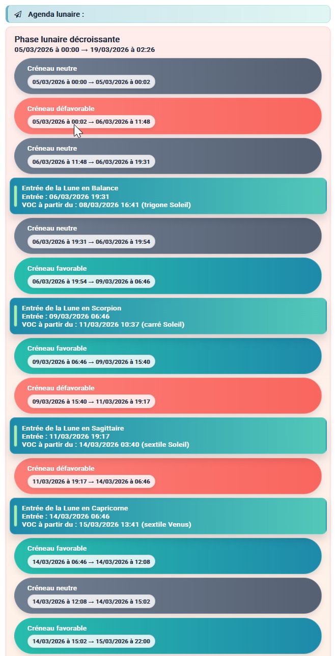 Logiciel d'astrologie Tempus Magis : Agenda lunaire